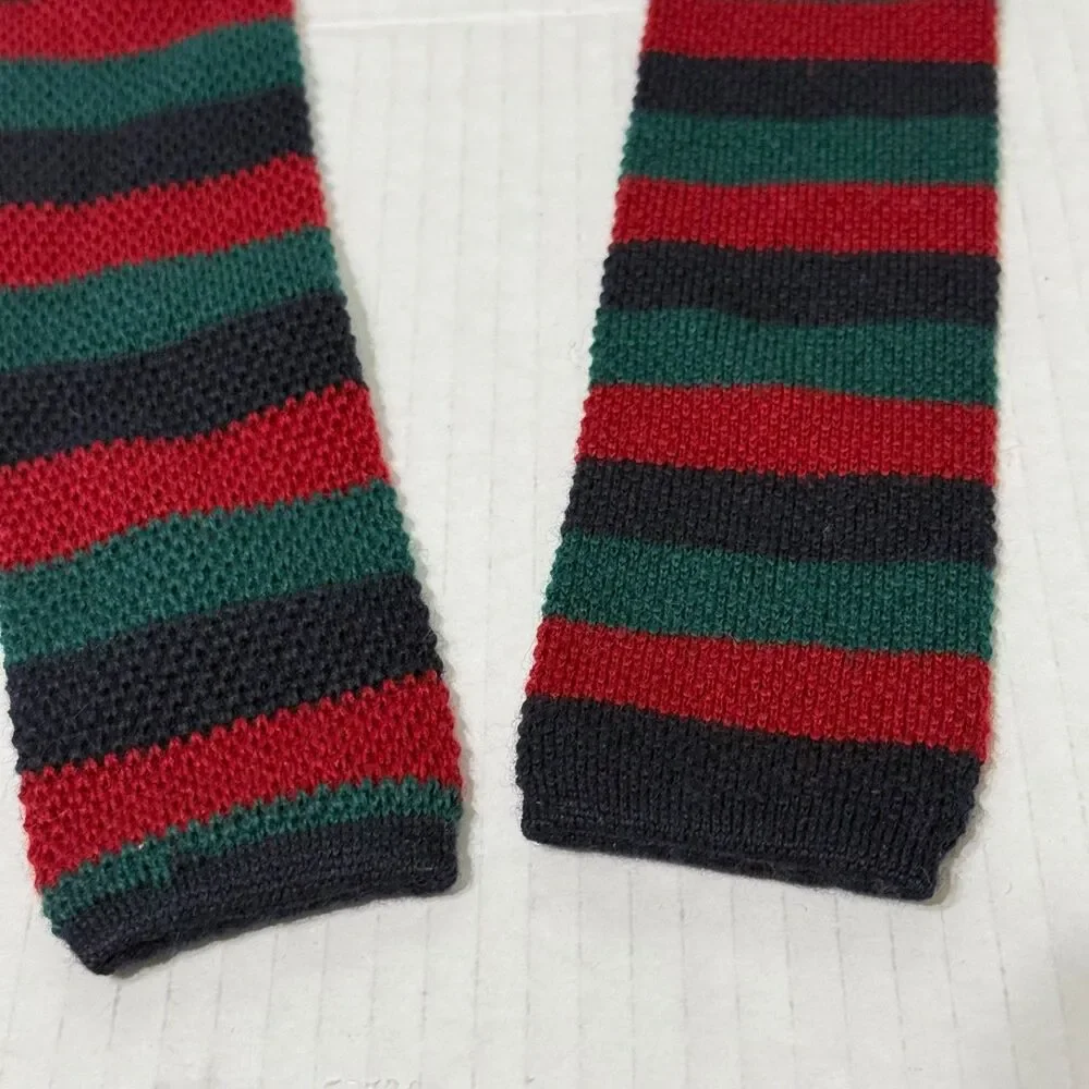 Vtg Square Knit Neck Tie Red Navy Pine Green Striped 100% Wool Made Italy